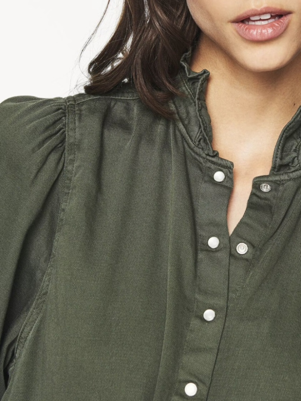 ba&sh Axelle olive Ruffle-Neck button front shirt - Picture 2 of 15